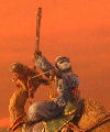 Hand sculpted and painted Bedouin warrior on his camel. Size: 90mm tall